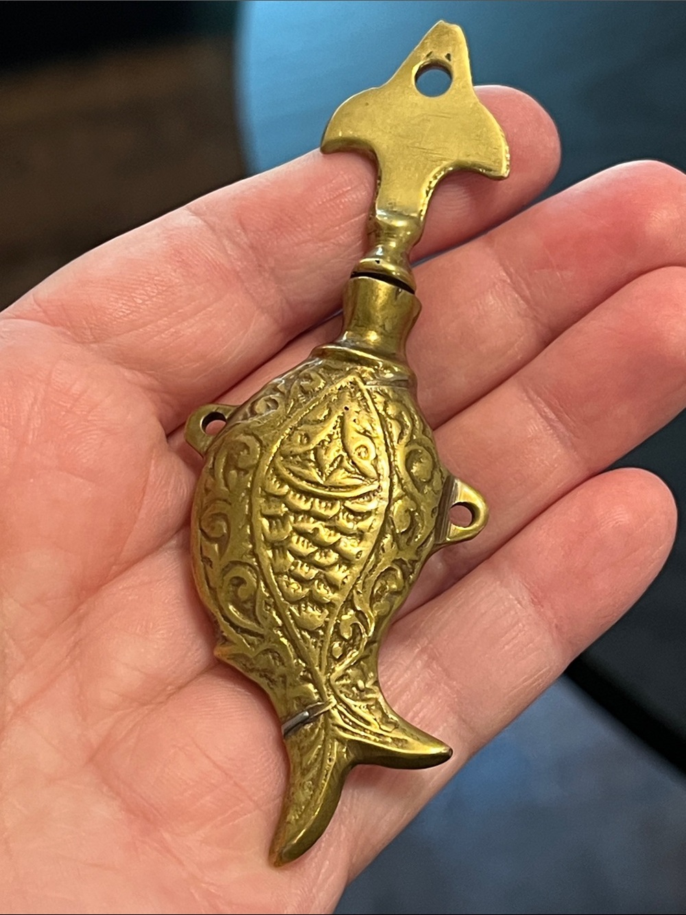 Antique Handmade Brass Fish Perfume Bottle Dauber Necklace Pendant Amulet - Picture 3 of 9
